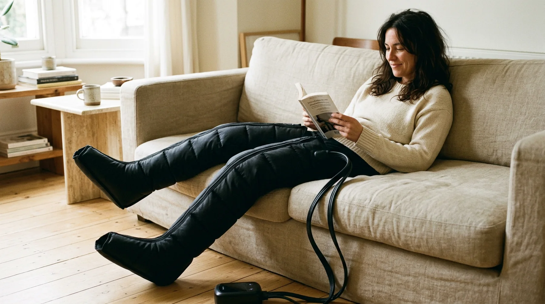 A woman reading on a sofa wearing compression recovery boots