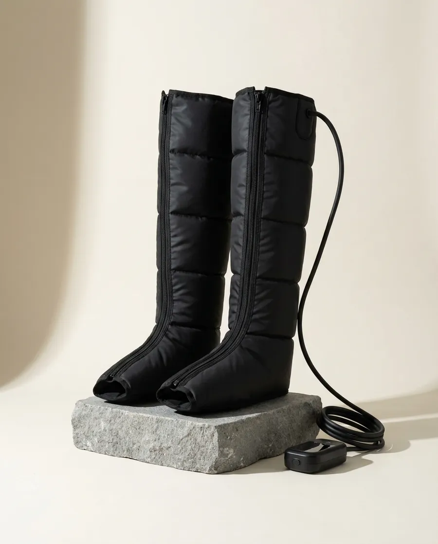 A pair of black compression recovery boots beside the control unit